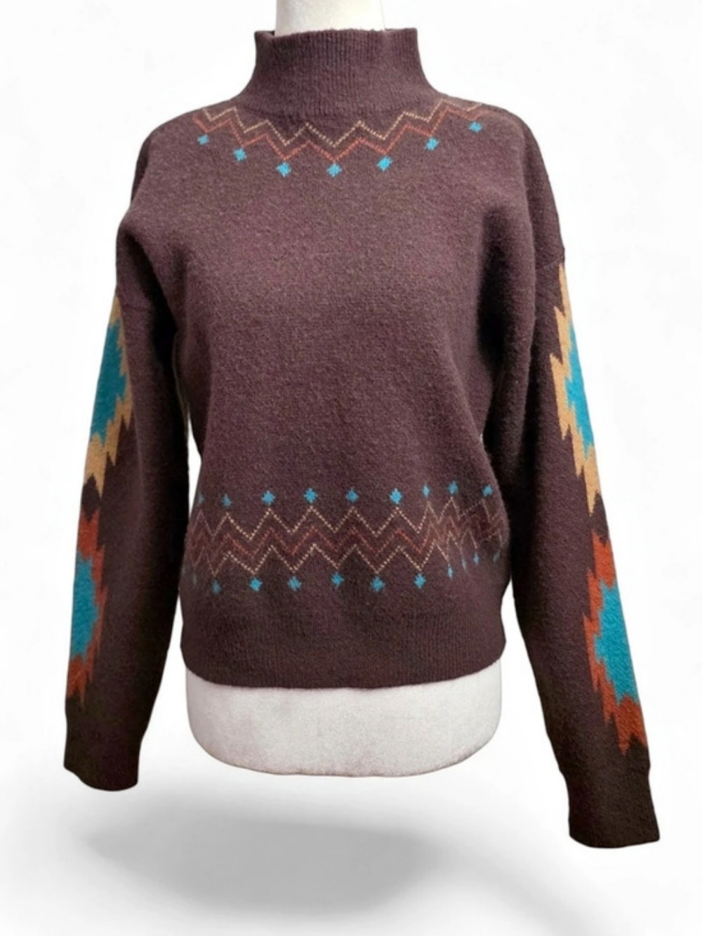 Women's Brown Cowl-Neck Sweater with Turquoise & Tan Accent